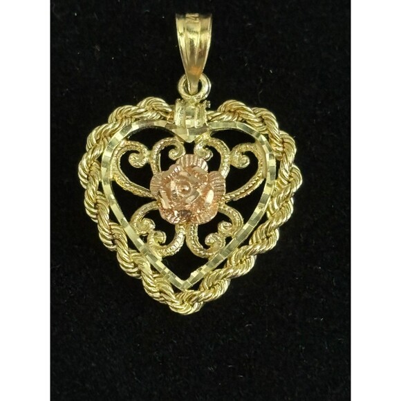 14KT Yellow Gold Heart, Rope & Rose Gold Rose in Center Pendant, 1.5 grams - Picture 1 of 6